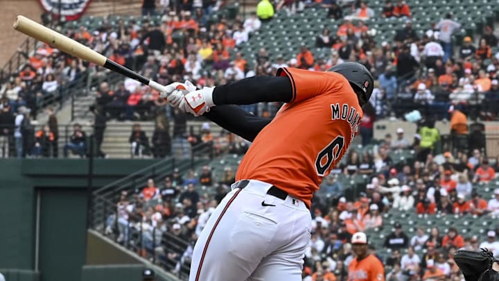 Mar 30, 2024; Baltimore, Maryland, USA;  Baltimore Orioles first baseman Ryan Mountcastle (6) hits a