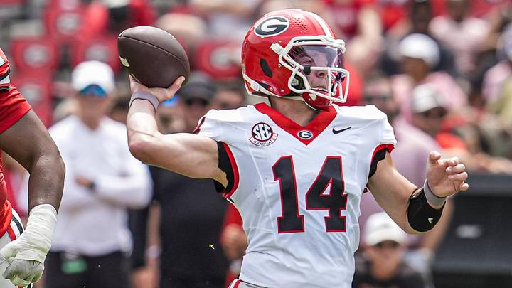 Apr 18, 2026; Athens, GA, USA; Georgia Bulldogs quarterback Gunner Stockton (14) passes the ball during the Georgia Spring football game at Sanford Stadium. Mandatory Credit: Dale Zanine-Imagn Images