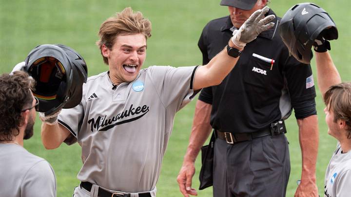 Former Franklin standout Charlie Marion (22) of the University of Wisconsin-Milwaukee baseball team celebrates a home run versus Auburn in a first-round NCAA Tournament regional game on May 29, 2026. Former Franklin standout Charlie Marion (22) of the University of Wisconsin-Milwaukee baseball team celebrates a home run versus Auburn in a first-round NCAA Tournament regional game on May 29, 2026.