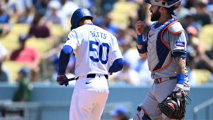 Apr 21, 2024; Los Angeles, California, USA; New York Mets catcher Tomás Nido (3) at home plate