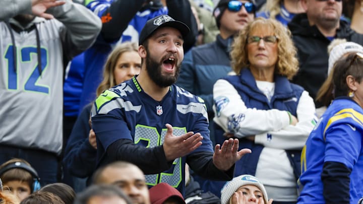 Nov 3, 2024; Seattle, Washington, USA; A Seattle Seahawks fan reacts following a play against the Los Angeles Rams during the second quarter at Lumen Field. 