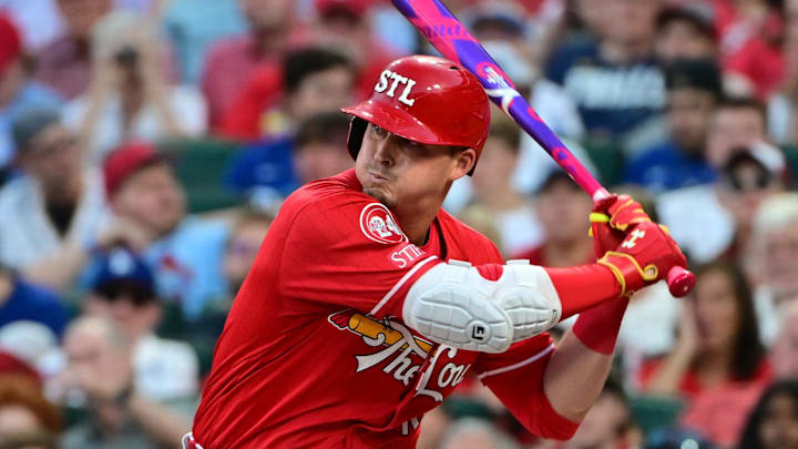 Aug 17, 2024; St. Louis, Missouri, USA; St. Louis Cardinals second base Nolan Gorman (16) at bat against the Los Angeles Dodgers at Busch Stadium. Mandatory Credit: Tim Vizer-Imagn Images Aug 17, 2024; St. Louis, Missouri, USA; St. Louis Cardinals second base Nolan Gorman (16) at bat against the Los Angeles Dodgers at Busch Stadium. Mandatory Credit: Tim Vizer-Imagn Images
