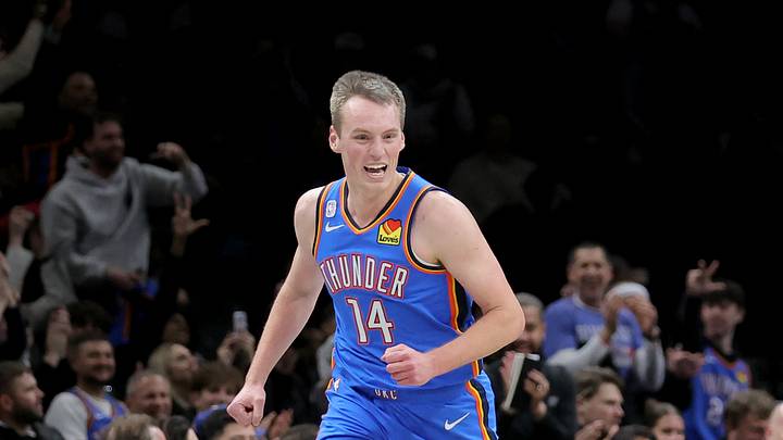 Mar 18, 2026; Brooklyn, New York, USA; Oklahoma City Thunder forward Payton Sandfort (14) reacts after making a three point basket against the Brooklyn Nets during the fourth quarter at Barclays Center. Mandatory Credit: Brad Penner-Imagn Images Mar 18, 2026; Brooklyn, New York, USA; Oklahoma City Thunder forward Payton Sandfort (14) reacts after making a three point basket against the Brooklyn Nets during the fourth quarter at Barclays Center. Mandatory Credit: Brad Penner-Imagn Images