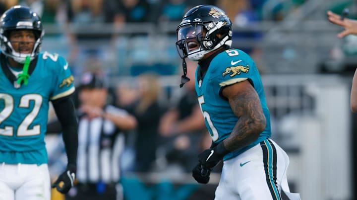 Jacksonville Jaguars safety Andre Cisco (5) reacts after a play against the New York Jets during the fourth quarter at EverBank Stadium.