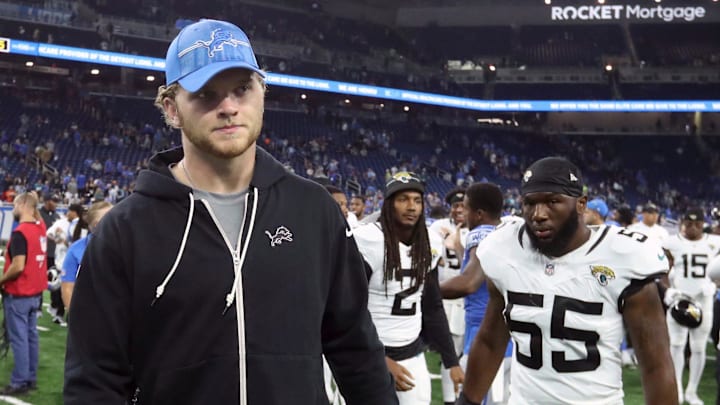 Detroit Lions defensive end Aidan Hutchinson (97) walks off the field after action against the Jacksonville Jaguars Saturday, August 19, 2023. Detroit Lions defensive end Aidan Hutchinson (97) walks off the field after action against the Jacksonville Jaguars Saturday, August 19, 2023.