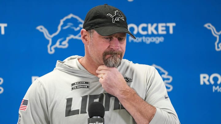 Detroit Lions head coach Dan Campbell speaks to members of the media at the Detroit Lions practice facility in Allen Park 