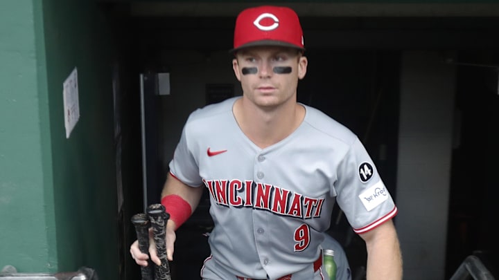 Aug 8, 2025; Pittsburgh, Pennsylvania, USA; Cincinnati Reds second baseman Matt McLain (9) enters the dugout to play the Pittsburgh Pirates at PNC Park. Mandatory Credit: Charles LeClaire-Imagn Images Aug 8, 2025; Pittsburgh, Pennsylvania, USA; Cincinnati Reds second baseman Matt McLain (9) enters the dugout to play the Pittsburgh Pirates at PNC Park. Mandatory Credit: Charles LeClaire-Imagn Images