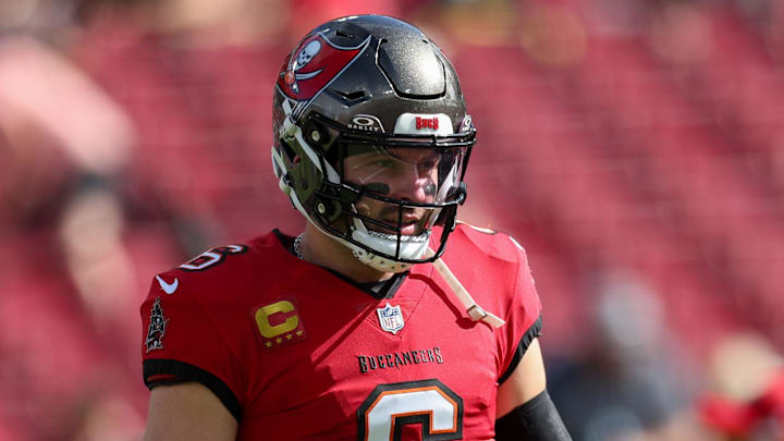 Dec 29, 2024; Tampa, Florida, USA; Tampa Bay Buccaneers quarterback Baker Mayfield (6) warms up before a game against the Carolina Panthers at Raymond James Stadium. Mandatory Credit: Nathan Ray Seebeck-Imagn Images