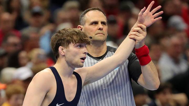 Penn State Nittany Lions wrestler Marcus Blaze celebrates after a win at the NCAA Wrestling Championships at Rocket Arena. Penn State Nittany Lions wrestler Marcus Blaze celebrates after a win at the NCAA Wrestling Championships at Rocket Arena.