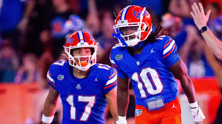 Florida Gators wide receiver Tank Hawkins (10) celebrates his touchdown during the second half to make it 21-0 after the extra point at Ben Hill Griffin Stadium in Gainesville, FL on Saturday, September 7, 2024 against the Samford Bulldogs. The Florida Gators won 45-7 over the Bulldogs. [Doug Engle/Gainesville Sun]