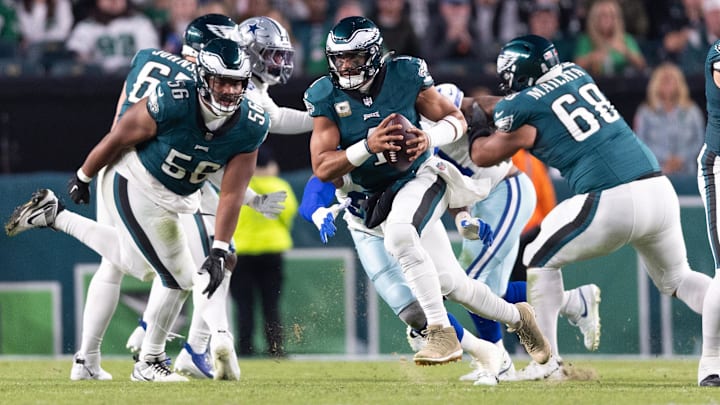 Nov 5, 2023; Philadelphia, Pennsylvania, USA; Philadelphia Eagles quarterback Jalen Hurts (1) runs with the ball against the Dallas Cowboys during the second quarter at Lincoln Financial Field. Mandatory Credit: Bill Streicher-Imagn Images