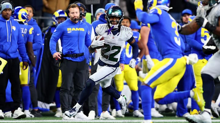 Dec 18, 2025; Seattle, Washington, USA; Seattle Seahawks wide receiver Rashid Shaheed (22) runs against the Los Angeles Rams in the second half at Lumen Field. Mandatory Credit: Kevin Ng-Imagn Images