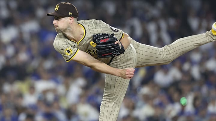 Oct 5, 2024; Los Angeles, California, USA; San Diego Padres pitcher Bryan Hoeing (78) throws a pitch in the seventh inning against the Los Angeles Dodgers during game one of the NLDS for the 2024 MLB Playoffs at Dodger Stadium. Mandatory Credit: Kiyoshi Mio-Imagn Images