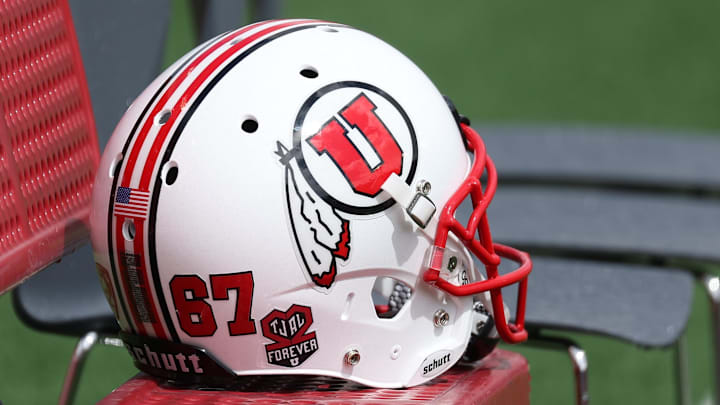 A general view of the helmet used by the White team in the Utah Spring Football Game at Rice-Eccles Stadium.