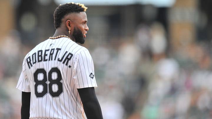 Aug 10, 2025: Chicago White Sox center fielder Luis Robert Jr. (88) looks on during a game against the Cleveland Guardians at Rate Field. Credit: Patrick Gorski-Imagn Images