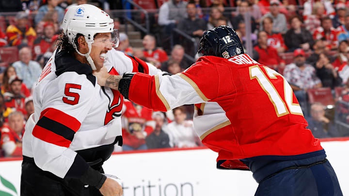 Brenden Dillon, Jonah Gadjovich, New Jersey Devils v Florida Panthers