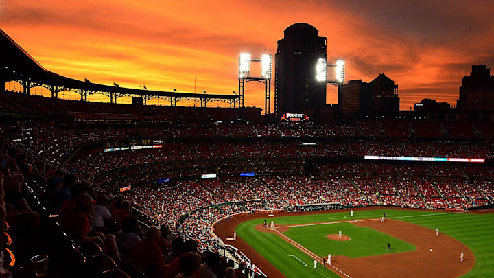 Aug 20, 2019; St. Louis, MO, USA; A general view of Busch Stadium as the sun sets during the fourth inning of a game between the St. Louis Cardinals and the Milwaukee Brewers. Mandatory Credit: Jeff Curry-Imagn Images