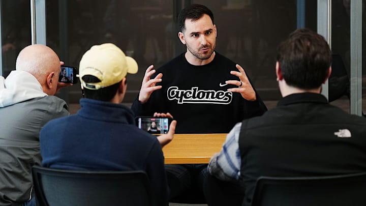 Iowa State defensive coordinator Jesse Bobbit talks to media during the football defensive coaches media opportunity at the university’s Stark Performance Center on Feb. 13, 2026, in Ames, Iowa.