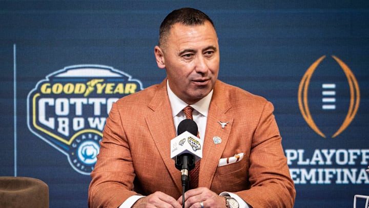 Texas Longhorns Head Coach Steve Sarkisian speaks during the Coaches' Press Conference at AT&T Stadium, Jan. 9, 2024. Both coaches answered questions from the media during the conference, and will face each other in the Cotton Bowl College Football Playoff semi-final game on Friday.