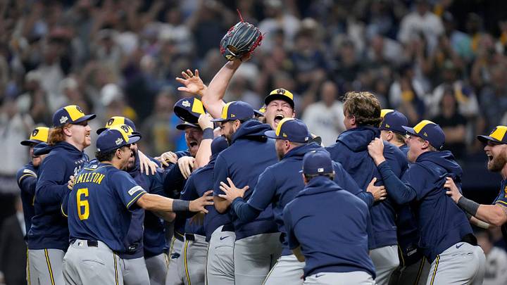 Milwaukee Brewers players celebrate around pitcher Trevor Megill (29) after defeating the Tampa Bay Rays during Game 5 of the World Series at Tropicana Field in St. Petersburg, Fla. on Oct 28, 2026. - Jovanny Hernandez / Milwaukee Journal Sentinel Milwaukee Brewers players celebrate around pitcher Trevor Megill (29) after defeating the Tampa Bay Rays during Game 5 of the World Series at Tropicana Field in St. Petersburg, Fla. on Oct 28, 2026. - Jovanny Hernandez / Milwaukee Journal Sentinel