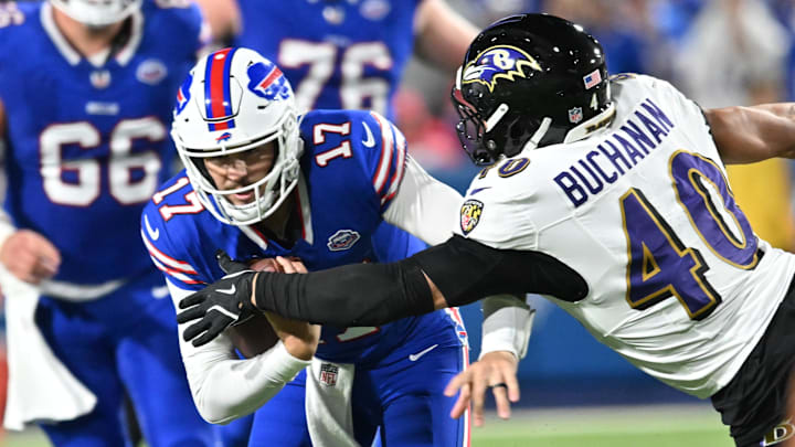 Sep 7, 2025; Orchard Park, New York, USA; Buffalo Bills quarterback Josh Allen (17) runs the ball defended by Baltimore Ravens linebacker Teddye Buchanan (40) during the third quarter at Highmark Stadium. Mandatory Credit: Mark Konezny-Imagn Images Sep 7, 2025; Orchard Park, New York, USA; Buffalo Bills quarterback Josh Allen (17) runs the ball defended by Baltimore Ravens linebacker Teddye Buchanan (40) during the third quarter at Highmark Stadium. Mandatory Credit: Mark Konezny-Imagn Images