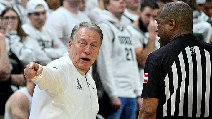 Jan 15, 2025; East Lansing, Michigan, USA;  Michigan State Spartans head coach Tom Izzo protests a call by the officials during the second half of their game against the Penn State Nittany Lions at Jack Breslin Student Events Center. Mandatory Credit: Dale Young-Imagn Images