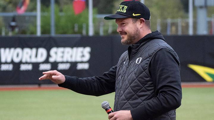 Oregon football coach Dan Lanning introduces the song “Shout” during the Ducks' game against Oregon State at Jane Sanders Stadium in Eugene April 22, 2026.