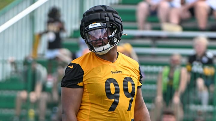Jul 25, 2025; Pittsburgh, PA, USA; Pittsburgh Steelers defensive tackle Derrick Harmon (99) participates in drills during training camp at Saint Vincent College. Mandatory Credit: Barry Reeger-Imagn Images