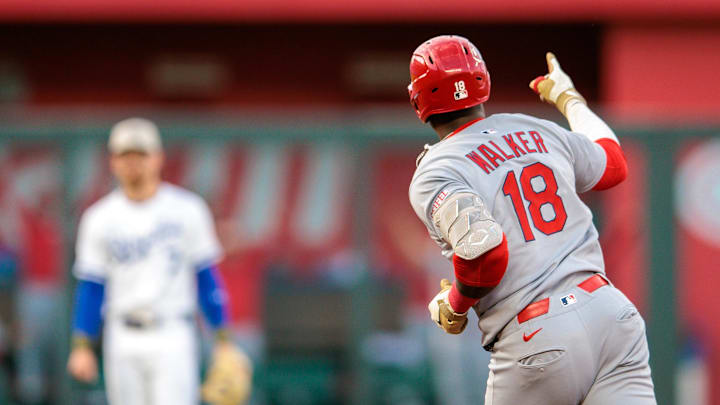 May 17, 2025; Kansas City, Missouri, USA; St. Louis Cardinals outfielder Jordan Walker (18) rounds the bases after hitting a home run during the fifth inning against the Kansas City Royals at Kauffman Stadium. Mandatory Credit: William Purnell-Imagn Images