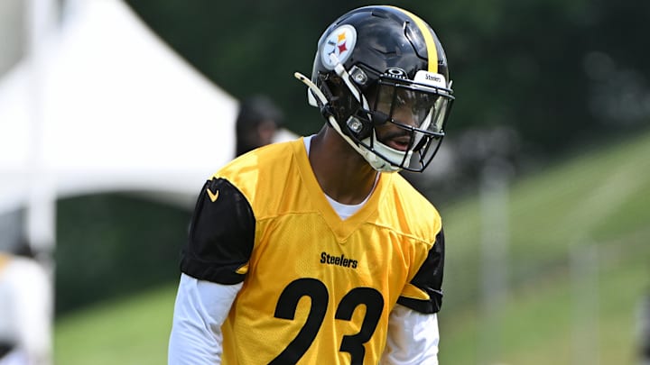 Jul 25, 2025; Pittsburgh, PA, USA; Pittsburgh Steelers cornerback Darius Slay (23) participates in drills during training camp at Saint Vincent College. Mandatory Credit: Barry Reeger-Imagn Images