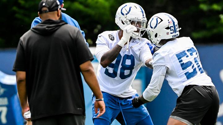 Jun 10, 2026; Indianapolis, IN, USA; Indianapolis Colts defensive end Arden Key (98) and Indianapolis Colts George Gumbs Jr. (52) participate in a drill during minicamp at Indiana Farm Bureau Football Center. Mandatory Credit: Robert Goddin-Imagn Images Jun 10, 2026; Indianapolis, IN, USA; Indianapolis Colts defensive end Arden Key (98) and Indianapolis Colts George Gumbs Jr. (52) participate in a drill during minicamp at Indiana Farm Bureau Football Center. Mandatory Credit: Robert Goddin-Imagn Images