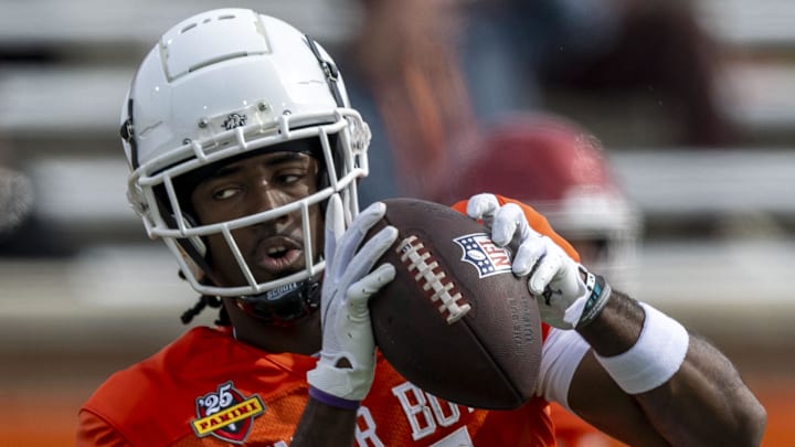 Utah State receiver Jalen Royals makes a catch during Senior Bowl practice.