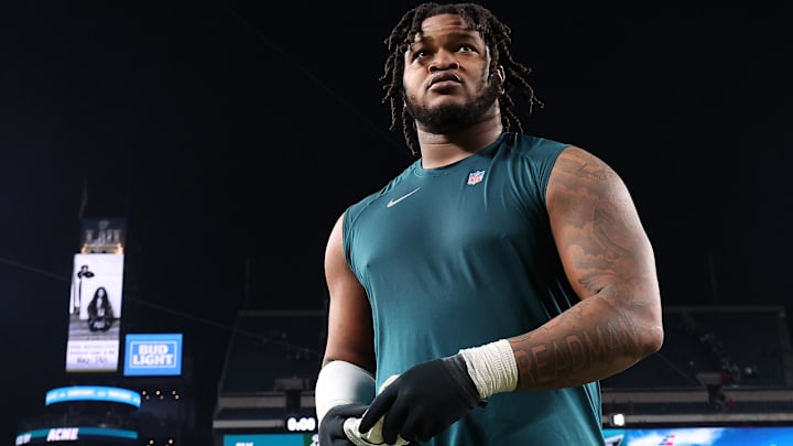 Philadelphia Eagles defensive tackle Jalen Carter (98) reacts after the game against the Green Bay Packers in an NFC Wild Card game at Lincoln Financial Field.