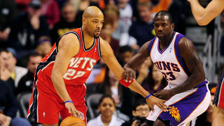 Jan. 20, 2010; Phoenix, AZ, USA; New Jersey Nets forward (22) Jarvis Hayes controls the ball against Phoenix Suns forward (23) Jason Richardson at the US Airways Center. The Suns defeated the Nets 118-94. Mandatory Credit: Mark J. Rebilas-Imagn Images Jan. 20, 2010; Phoenix, AZ, USA; New Jersey Nets forward (22) Jarvis Hayes controls the ball against Phoenix Suns forward (23) Jason Richardson at the US Airways Center. The Suns defeated the Nets 118-94. Mandatory Credit: Mark J. Rebilas-Imagn Images