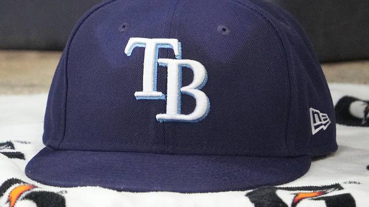 Mar 30, 2026; Milwaukee, Wisconsin, USA; A detailed view of the Tampa Bay Rays hat at American Family Field. 