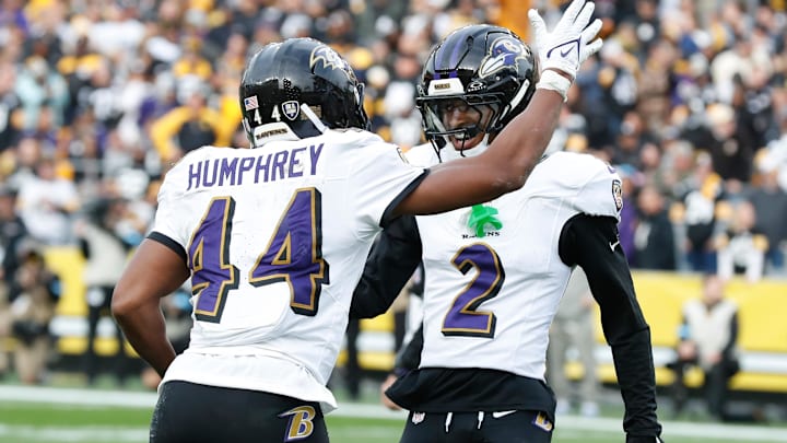 Nov 17, 2024; Pittsburgh, Pennsylvania, USA; Baltimore Ravens cornerback Marlon Humphrey (44) celebrates with cornerback Nate Wiggins (2) after Humphrey intercepted a pass in the end-zone intended for Pittsburgh Steelers tight end Darnell Washington (not pictured) during the fourth quarter at Acrisure Stadium. Mandatory Credit: Charles LeClaire-Imagn Images Nov 17, 2024; Pittsburgh, Pennsylvania, USA; Baltimore Ravens cornerback Marlon Humphrey (44) celebrates with cornerback Nate Wiggins (2) after Humphrey intercepted a pass in the end-zone intended for Pittsburgh Steelers tight end Darnell Washington (not pictured) during the fourth quarter at Acrisure Stadium. Mandatory Credit: Charles LeClaire-Imagn Images
