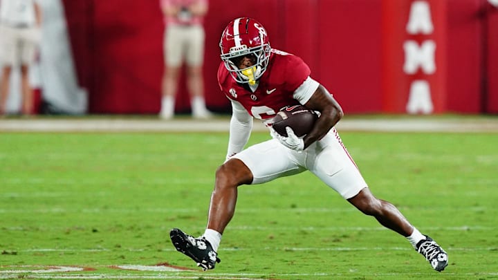 Sep 28, 2024; Tuscaloosa, Alabama, USA;  Alabama Crimson Tide wide receiver Kobe Prentice (6) runs the ball against the Georgia Bulldogs during the first half at Bryant-Denny Stadium.