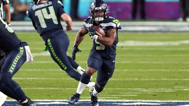 Feb 8, 2026; Santa Clara, CA, USA; Seattle Seahawks running back Kenneth Walker III (9) carries the ball against the New England Patriots during the fourth quarter in Super Bowl LX at Levi's Stadium. Mandatory Credit: Darren Yamashita-Imagn Images
