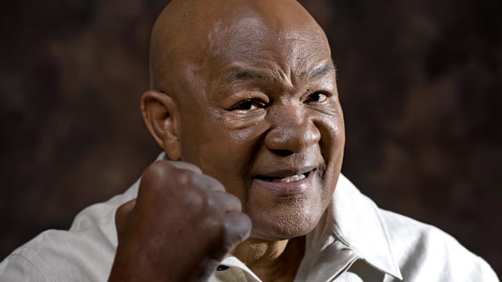 Apr 15, 2023; Beverly Hills, CA, USA;  Portrait of former heavyweight champion George Foreman. In 1973 he won the unified heavyweight title and retired in 1977. Foreman returned to the ring in 1994 and at age 45 again won the heavyweight title. He is the subject of a new film    Big George Foreman.    Mandatory Credit: Robert Hanashiro, USA TODAY ORG XMIT: USAT-708454 [Via MerlinFTP Drop]
