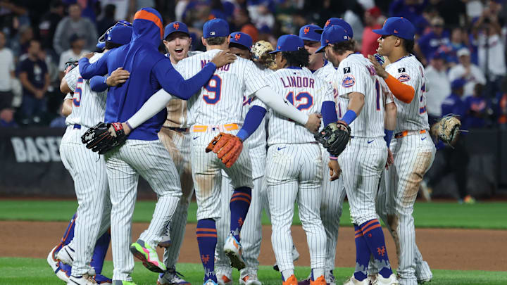 Aug 27, 2025; New York City, New York, USA; New York Mets players celebrate after defeating the Philadelphia Phillies at Citi Field. Aug 27, 2025; New York City, New York, USA; New York Mets players celebrate after defeating the Philadelphia Phillies at Citi Field.