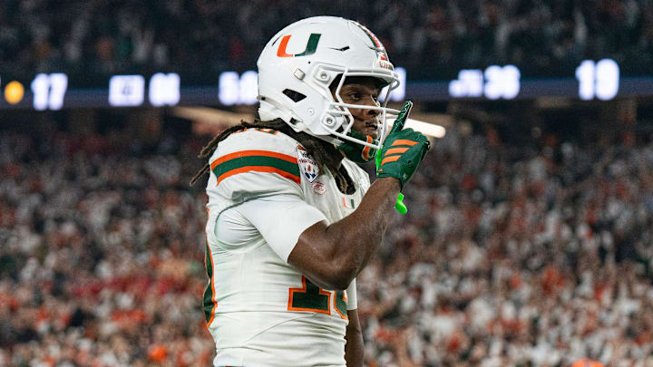 Miami Hurricanes wide receiver Malachi Toney (10) celebrates his touchdown during the CFP Fiesta Bowl against Ole Miss at the State Farm Stadium, in Glendale, Ariz., on Thursday, Jan. 8, 2026.
