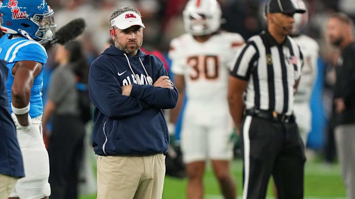 Ole Miss head coach Pete Golding stands on the field during warmups before the CFP Fiesta Bowl at the State Farm Stadium, in Glendale, Ariz., on Thursday, Jan. 8, 2026.
