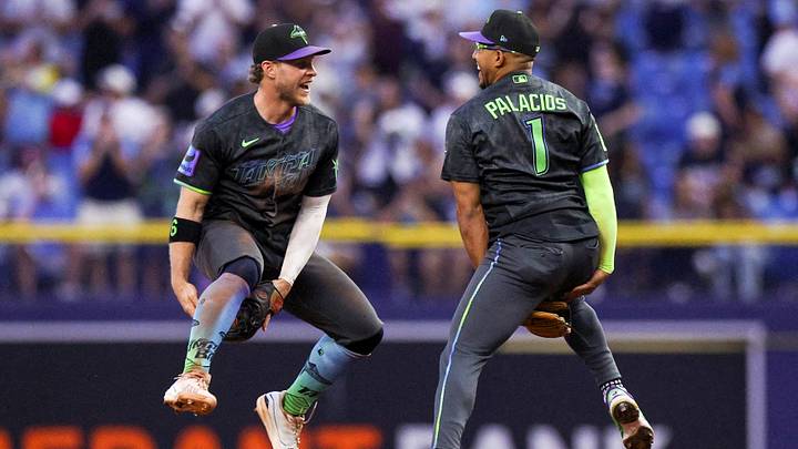 Aug 29, 2026: Tampa Bay Rays shortstop Taylor Walls (6) and second baseman Richie Palacios (1) react after beating the San Diego Padres at Tropicana Field. Credit: Nathan Ray Seebeck-Imagn Images  
