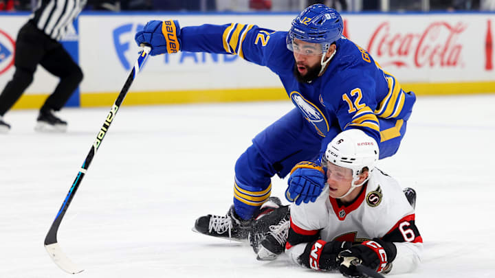 Mar 27, 2024; Buffalo, New York, USA;  Buffalo Sabres left wing Jordan Greenway (12) and Ottawa