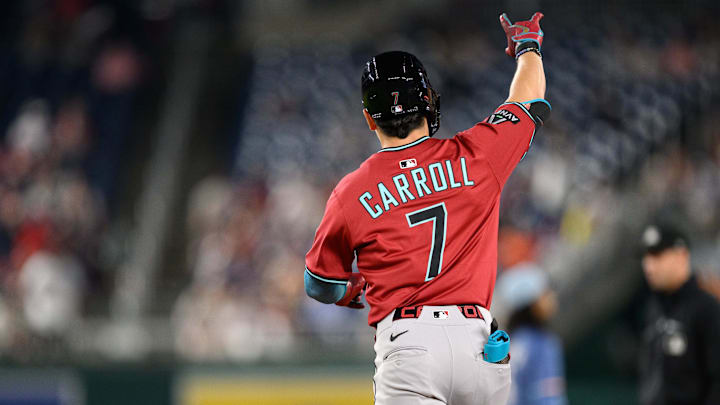 Apr 4, 2025; Washington, District of Columbia, USA; Arizona Diamondbacks outfielder Corbin Carroll (7) reacts after hitting a home run during the fifth inning against the Washington Nationals at Nationals Park. Mandatory Credit: Reggie Hildred-Imagn Images