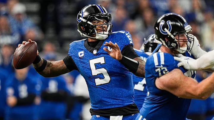 Indianapolis Colts quarterback Anthony Richardson (5) makes a pass against Detroit Lions during the second half at Lucas Oil Stadium in Indianapolis, Ind. on Sunday, Nov. 24, 2024.