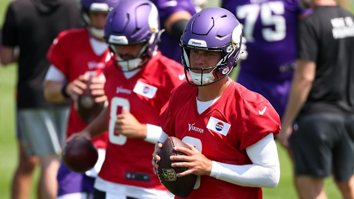 Jul 29, 2025; Eagan, MN, USA; Minnesota Vikings quarterback J.J. McCarthy (9) takes part in drills during the teams training camp at the Minnesota Vikings Training Facility. Mandatory Credit: Matt Krohn-Imagn Images
