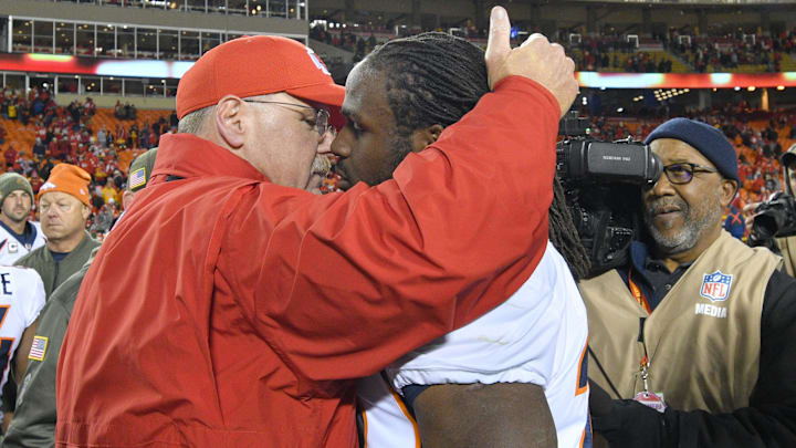 Oct 30, 2017; Kansas City, MO, USA; Kansas City Chiefs head coach Andy Reid and Denver Broncos running back Jamaal Charles (28) talk mid field after the game at Arrowhead Stadium. Mandatory Credit: Denny Medley-Imagn Images