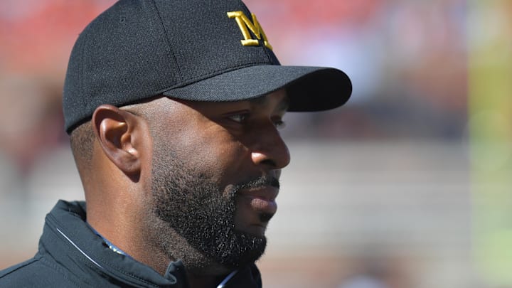 Oct 19, 2024; Champaign, Illinois, USA;  Michigan Wolverines head coach Sherrone Moore during the first half against the Illinois Fighting Illini at Memorial Stadium. Mandatory Credit: Ron Johnson-Imagn Images