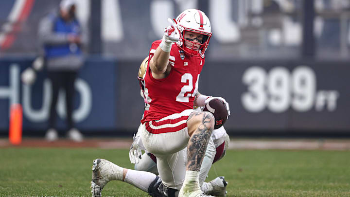 Dec 28, 2024; Bronx, NY, USA; Nebraska Cornhuskers tight end Thomas Fidone II (24) celebrates after a first down during the first half against the Boston College Eagles at Yankee Stadium. Dec 28, 2024; Bronx, NY, USA; Nebraska Cornhuskers tight end Thomas Fidone II (24) celebrates after a first down during the first half against the Boston College Eagles at Yankee Stadium.